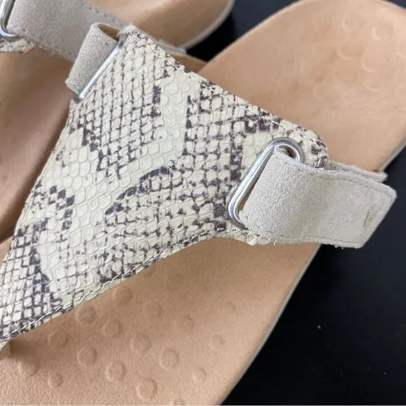Vionic Wanda Leather T-strap Thing Sandals Beige 7 Bone Snake Embossed