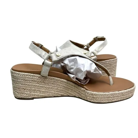 Vionic Women Kirra Espadrille Wedge Sandals Thong Strap Cream Shimmer Gold Sz 11