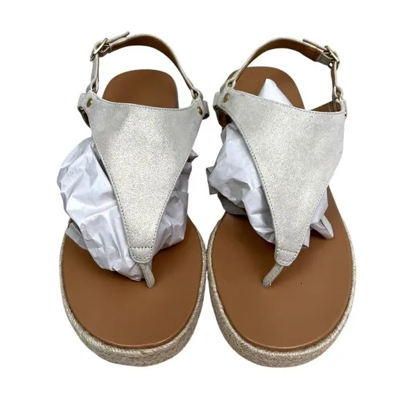 Vionic Women Kirra Espadrille Wedge Sandals Thong Strap Cream Shimmer Gold Sz 11