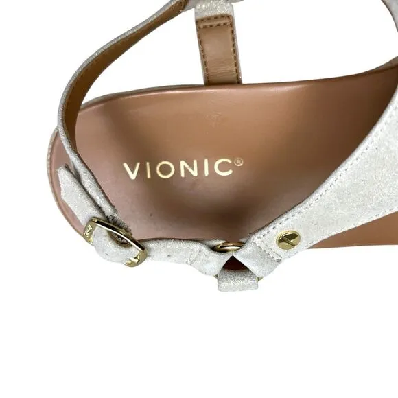 Vionic Women Kirra Espadrille Wedge Sandals Thong Strap Cream Shimmer Gold Sz 11