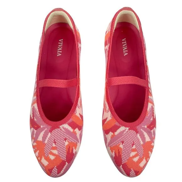 Vivaia Almond Toe Mary Jane Ballet Flats Coral Tropical Print Size 37.5/ 7