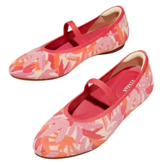 Vivaia Almond Toe Mary Jane Ballet Flats Coral Tropical Print Size 37.5/ 7