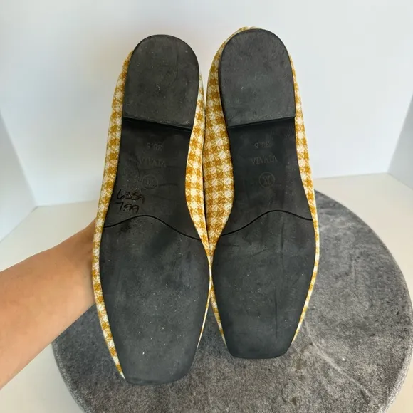 Vivaia Sylvia Yellow Square Toe Gingham Plaid Flats Loafers 38.5