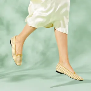 Vivaia Sylvia Yellow Square Toe Gingham Plaid Flats Loafers 38.5