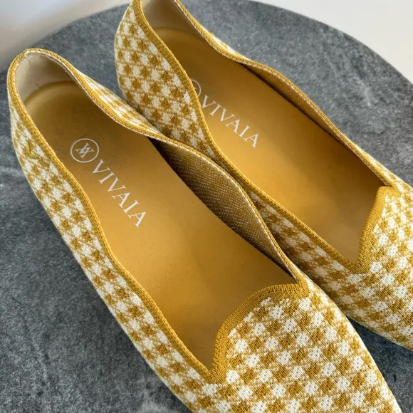 Vivaia Sylvia Yellow Square Toe Gingham Plaid Flats Loafers 38.5