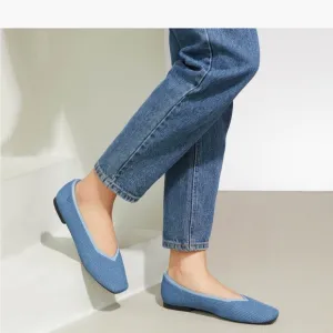 Vivaia SZ 10.5 denim blue square toe V cut flats.