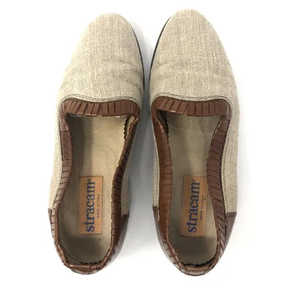 VTG Italian Artisan Leather Linen Loafers Mens Size 7.5 Slip On Stracam Shoes