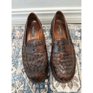 VTG SESTO MEUCCI Wms Brown Leather Loafers Woven Vamp Quiet Luxury Italy Sz 7.5