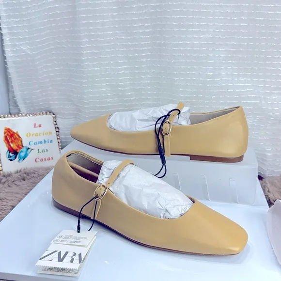 (W2) Zara leather ballet flats, dark beige, new size 8 and 9, Mary Jane style