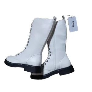 White Lace Up Combat Boots Side Zipper Mid Calf Rollda Collection Size 7