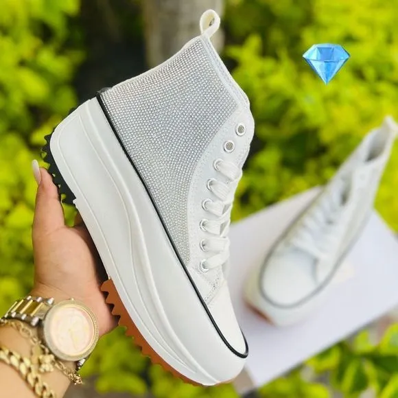 White Rhinestones Converse Platform Sneakers