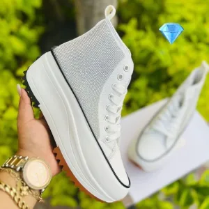 White Rhinestones Converse Platform Sneakers