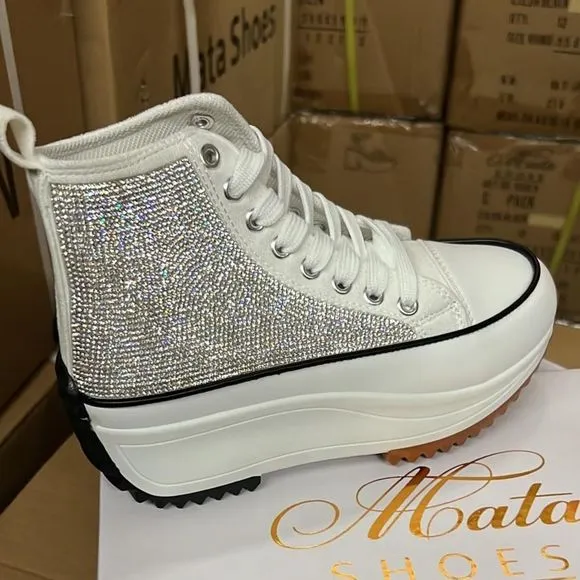 White Rhinestones Converse Platform Sneakers