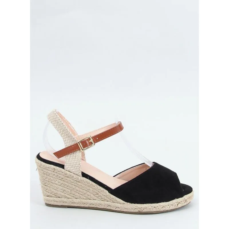 Woman's Black Peep Toe Brown Strap Espadrilles