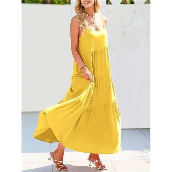 Women Summer Casual Loose Sleeveless Sundress Spaghetti Strap Flowy