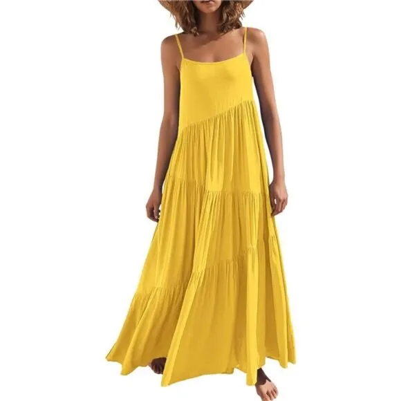 Women Summer Casual Loose Sleeveless Sundress Spaghetti Strap Flowy