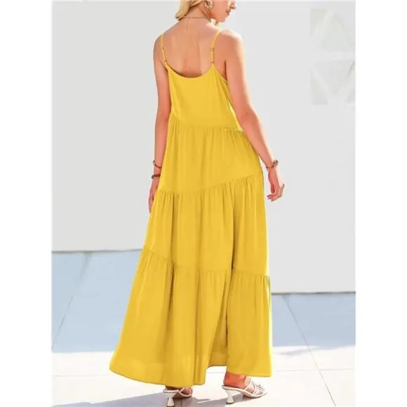 Women Summer Casual Loose Sleeveless Sundress Spaghetti Strap Flowy