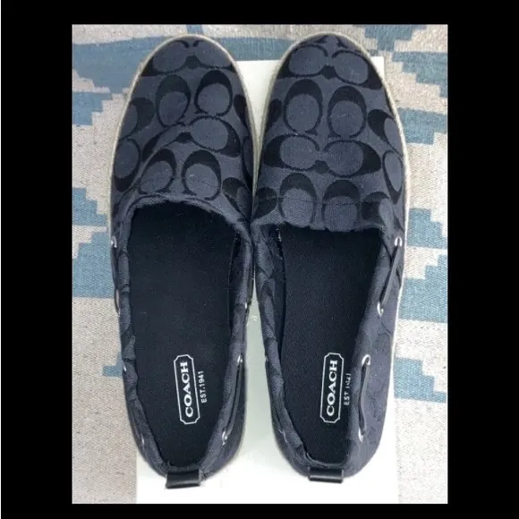 Women's 7.5 Coach Mellow Espadrilles Black Signature Canvas Flats Shoes New