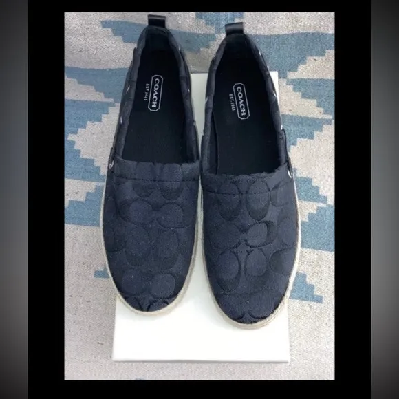 Women's 7.5 Coach Mellow Espadrilles Black Signature Canvas Flats Shoes New