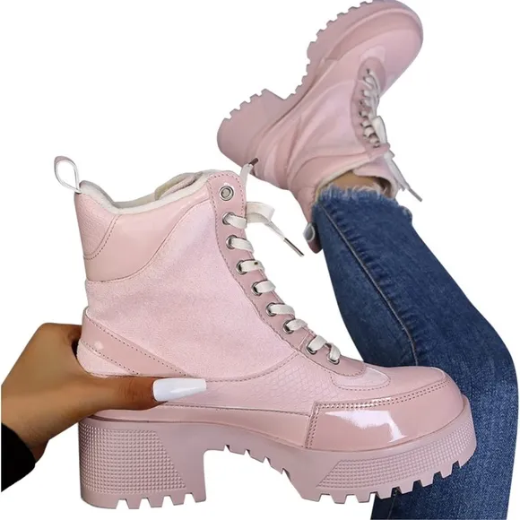 Women’s Baby Pink Combat Lace Up Boots