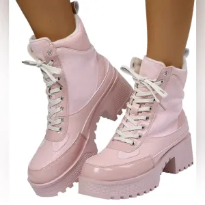 Women’s Baby Pink Combat Lace Up Boots