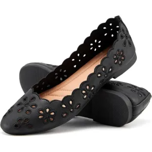 Women's Ballet Flats Black PU Leather Dress Shoes Comfortable Round Toe Slip