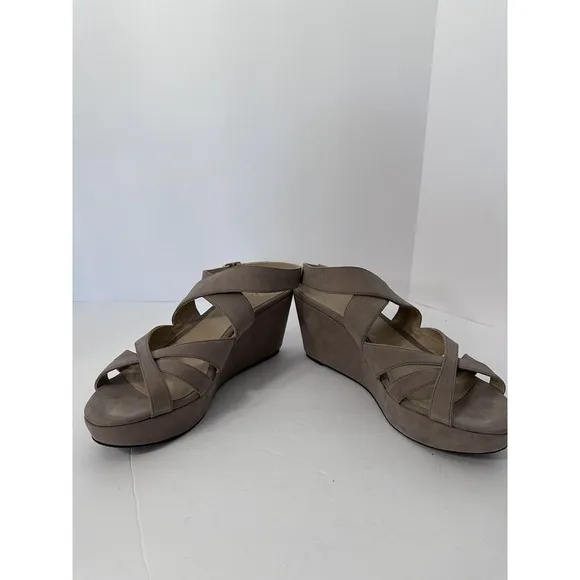 Womens Delman Tan Suede Ankle Strap High Wedge 3 1/2&quot; Sandals Size 10