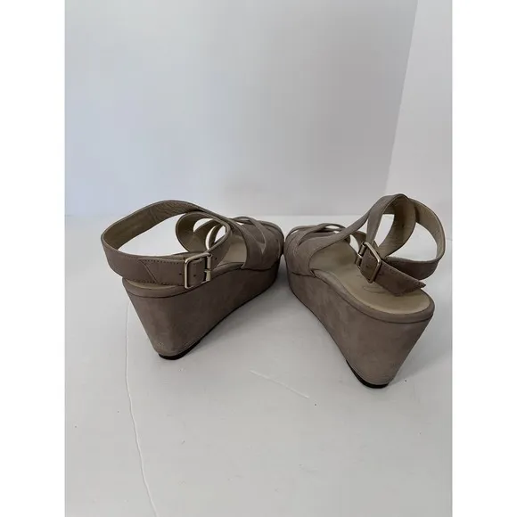 Womens Delman Tan Suede Ankle Strap High Wedge 3 1/2&quot; Sandals Size 10