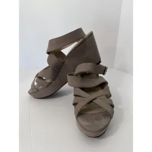 Womens Delman Tan Suede Ankle Strap High Wedge 3 1/2&quot; Sandals Size 10