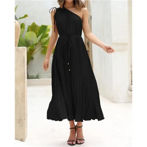Women's Drawstring One Shoulder Maxi Dresses Solid Black