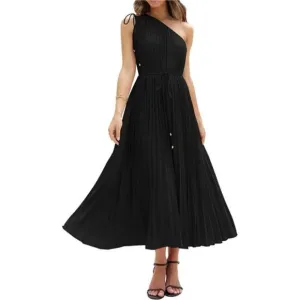 Women's Drawstring One Shoulder Maxi Dresses Solid Black