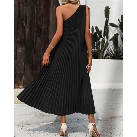 Women's Drawstring One Shoulder Maxi Dresses Solid Black