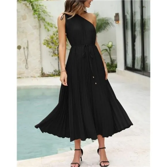 Women's Drawstring One Shoulder Maxi Dresses Solid Black