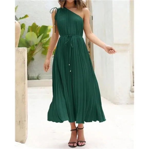 Women's Drawstring One Shoulder Maxi Dresses Solid Dark Green