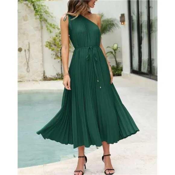 Women's Drawstring One Shoulder Maxi Dresses Solid Dark Green