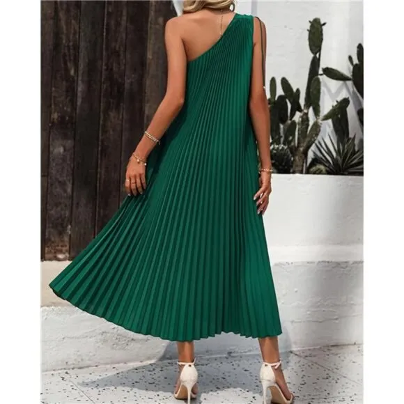 Women's Drawstring One Shoulder Maxi Dresses Solid Dark Green