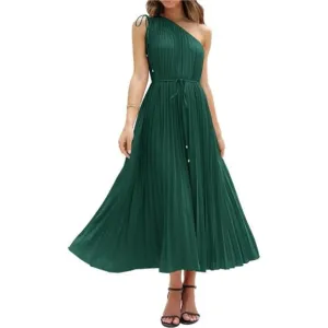 Women's Drawstring One Shoulder Maxi Dresses Solid Dark Green