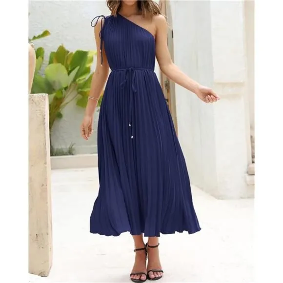 Women's Drawstring One Shoulder Maxi Dresses Solid Navy