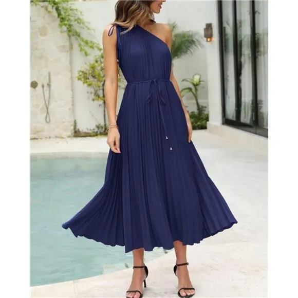 Women's Drawstring One Shoulder Maxi Dresses Solid Navy