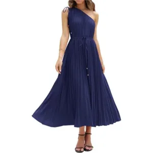 Women's Drawstring One Shoulder Maxi Dresses Solid Navy