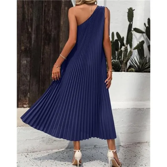 Women's Drawstring One Shoulder Maxi Dresses Solid Navy