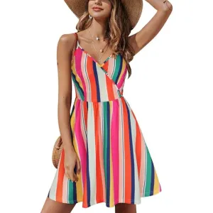 Womens Neck Floral/Solid Strap Summer Casual Swing Sundress with Pocket 2024