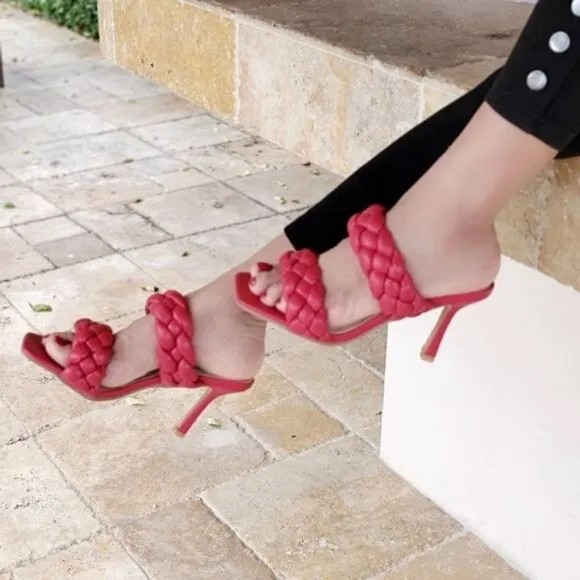 Women's Red Double Braided Square Toe Mule Sandal