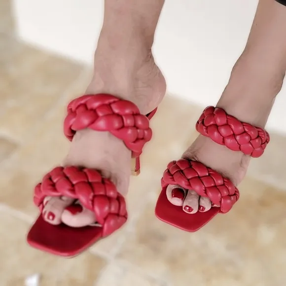 Women's Red Double Braided Square Toe Mule Sandal