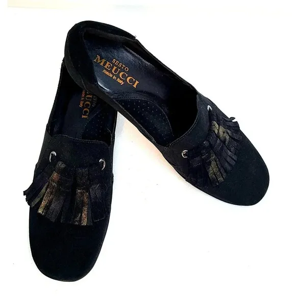 WOMEN'S SESTO MEUCCI BLACK SUEDE KILTIE FLATS LOAFERS SHOES SZ 8N