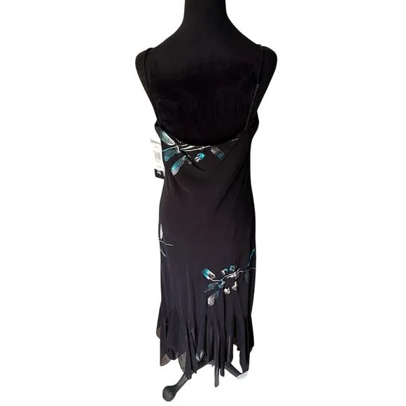 Women's Size 10 Eva Blue Slip Dress Floral Black Y2K Festival Beaded Strap Flaw