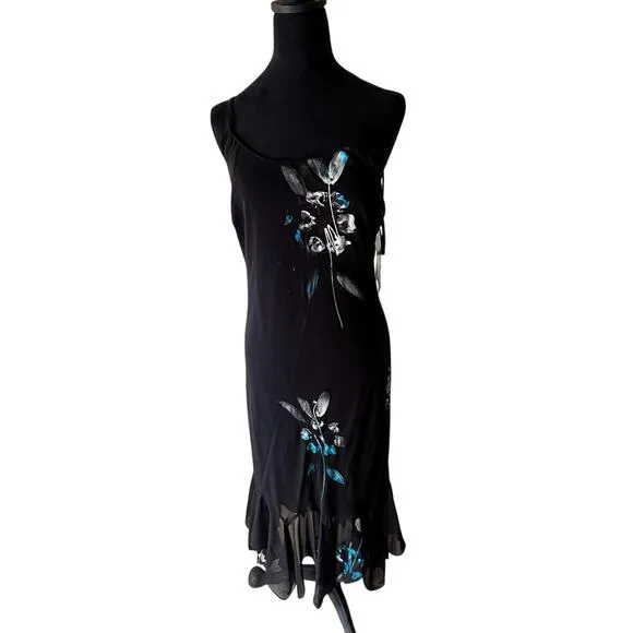 Women's Size 10 Eva Blue Slip Dress Floral Black Y2K Festival Beaded Strap Flaw