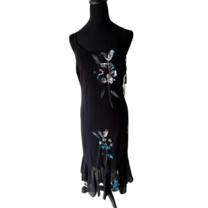 Women's Size 10 Eva Blue Slip Dress Floral Black Y2K Festival Beaded Strap Flaw