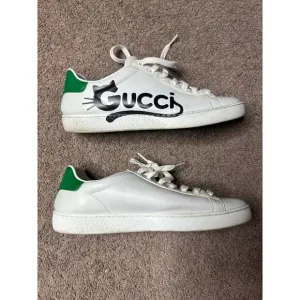 Womens Size 6 Gucci Ace Kitten Logo Sneakers Low Top Green &amp; White EU 36.5