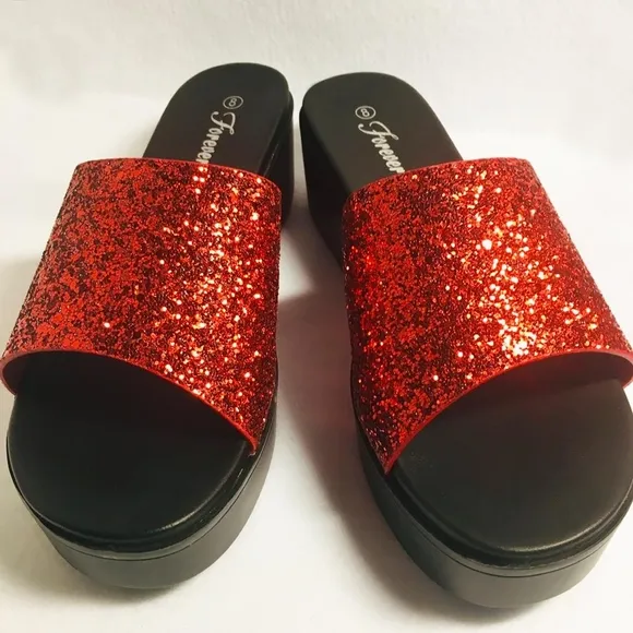 Women’s Slip On Raised Platform Sandals - Red Glitter